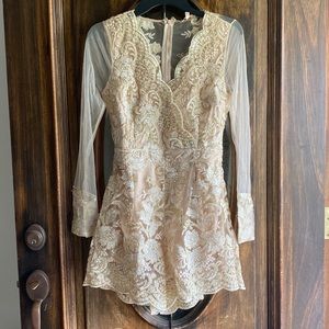 A.Peach Gold/Champagne Sheer back/arms romper, brand new!